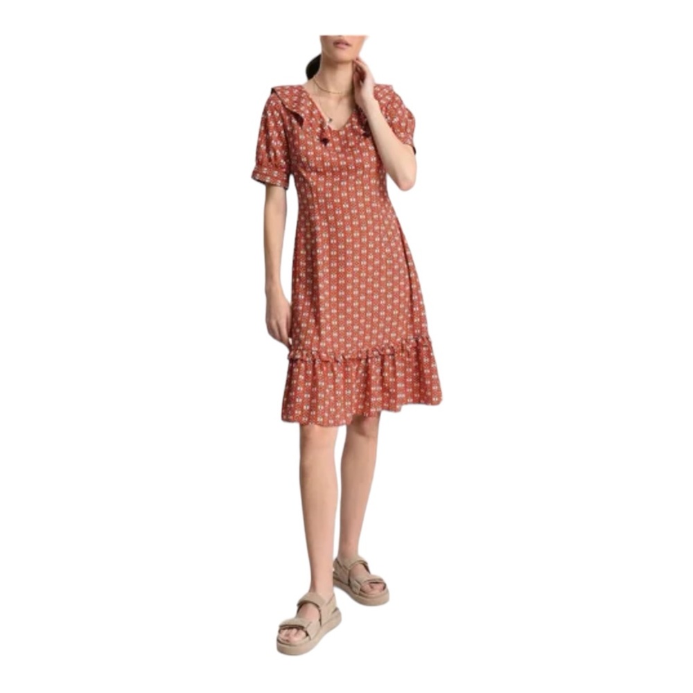 Molly Bracken Fit‎ & Flare Dress Red White Abstract Scoop Neck Ruffle Hem XS